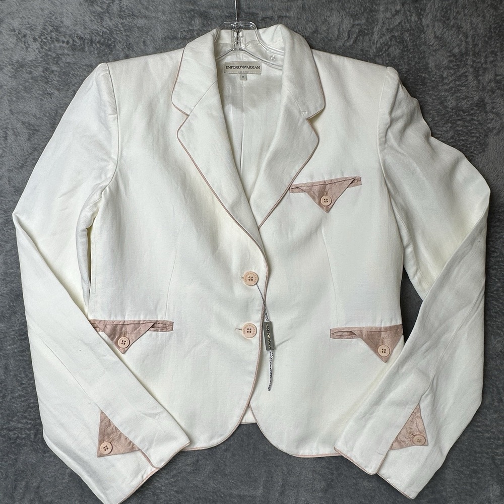 Emporio Armani Cream Linen Blend Blazer Jacket Womens Medium US Pink Accent New